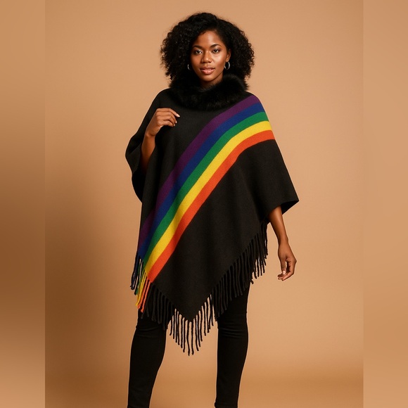 Knit Stripes with Fur Trim Poncho - Picture 2 of 5